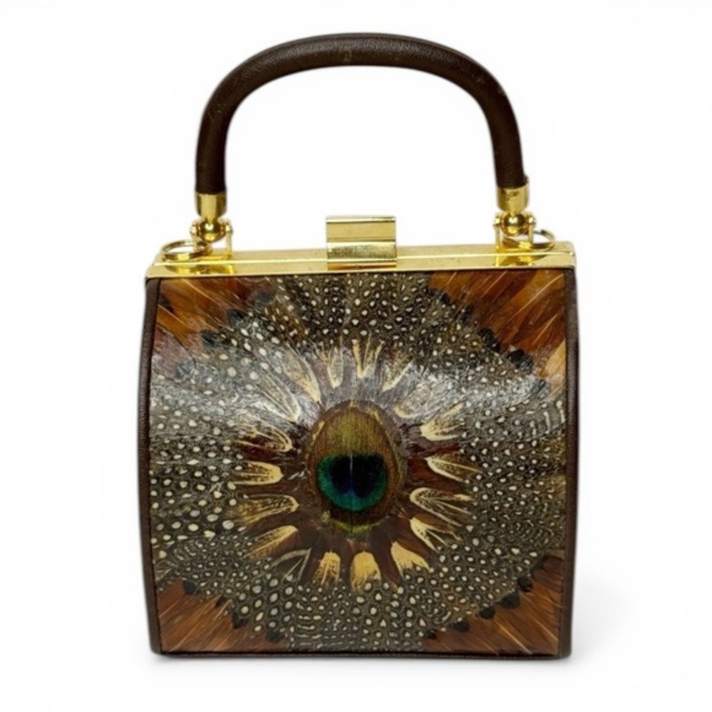 Vintage COMECO Peacock Feather Box Purse Brown Gold Rare‎ Mod Bag